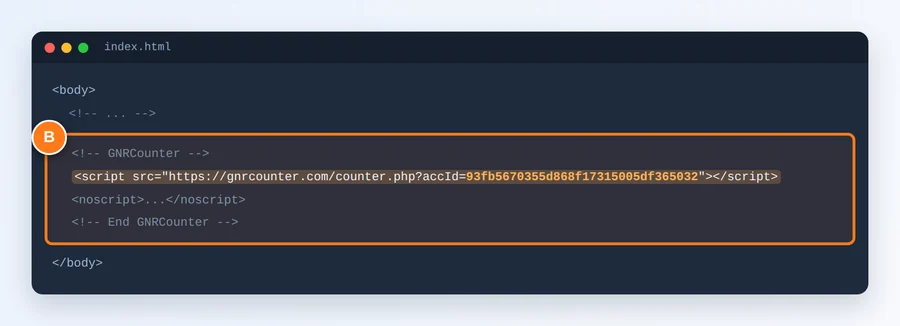 El código del contador resaltado dentro del HTML de un sitio web