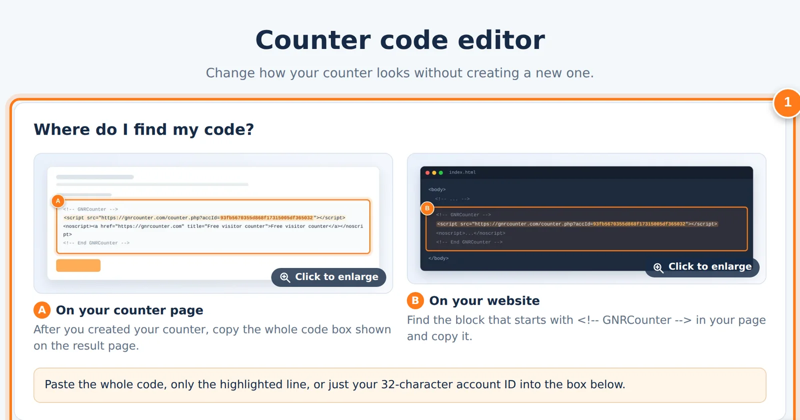 El editor de código de GNRCounter con la zona para encontrar tu código y el cuadro para pegarlo