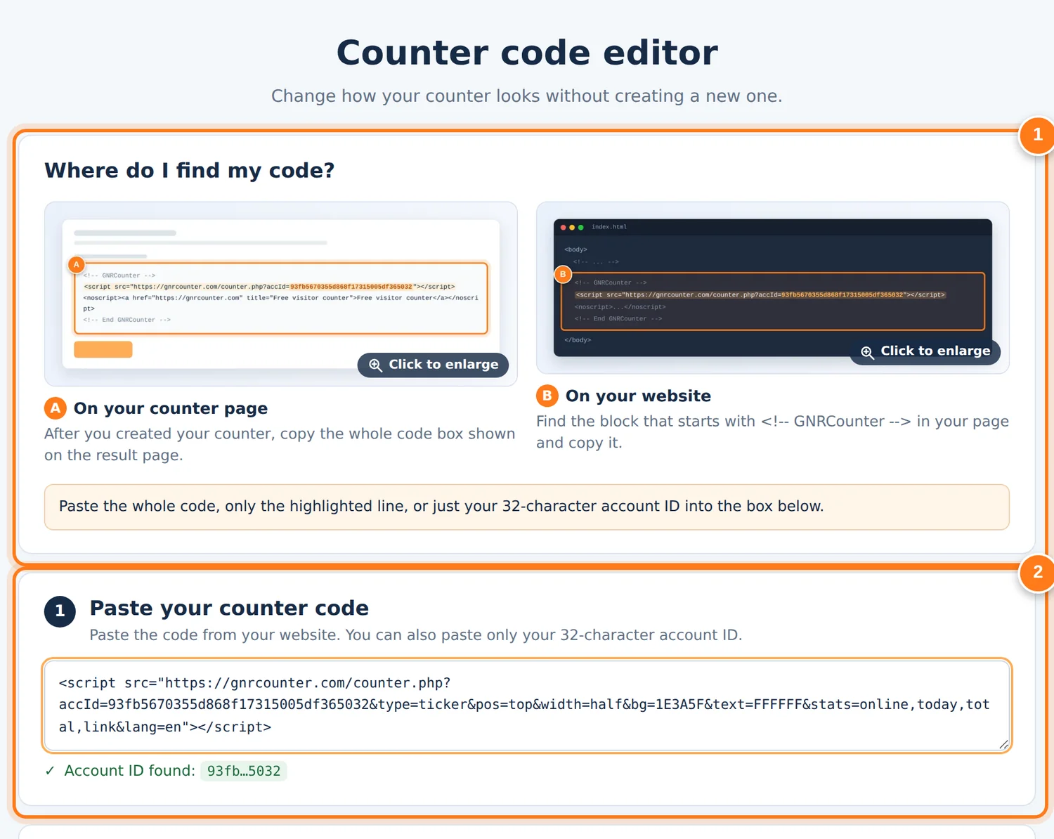 El editor con dos zonas numeradas: dónde encontrar tu código y el cuadro para pegarlo