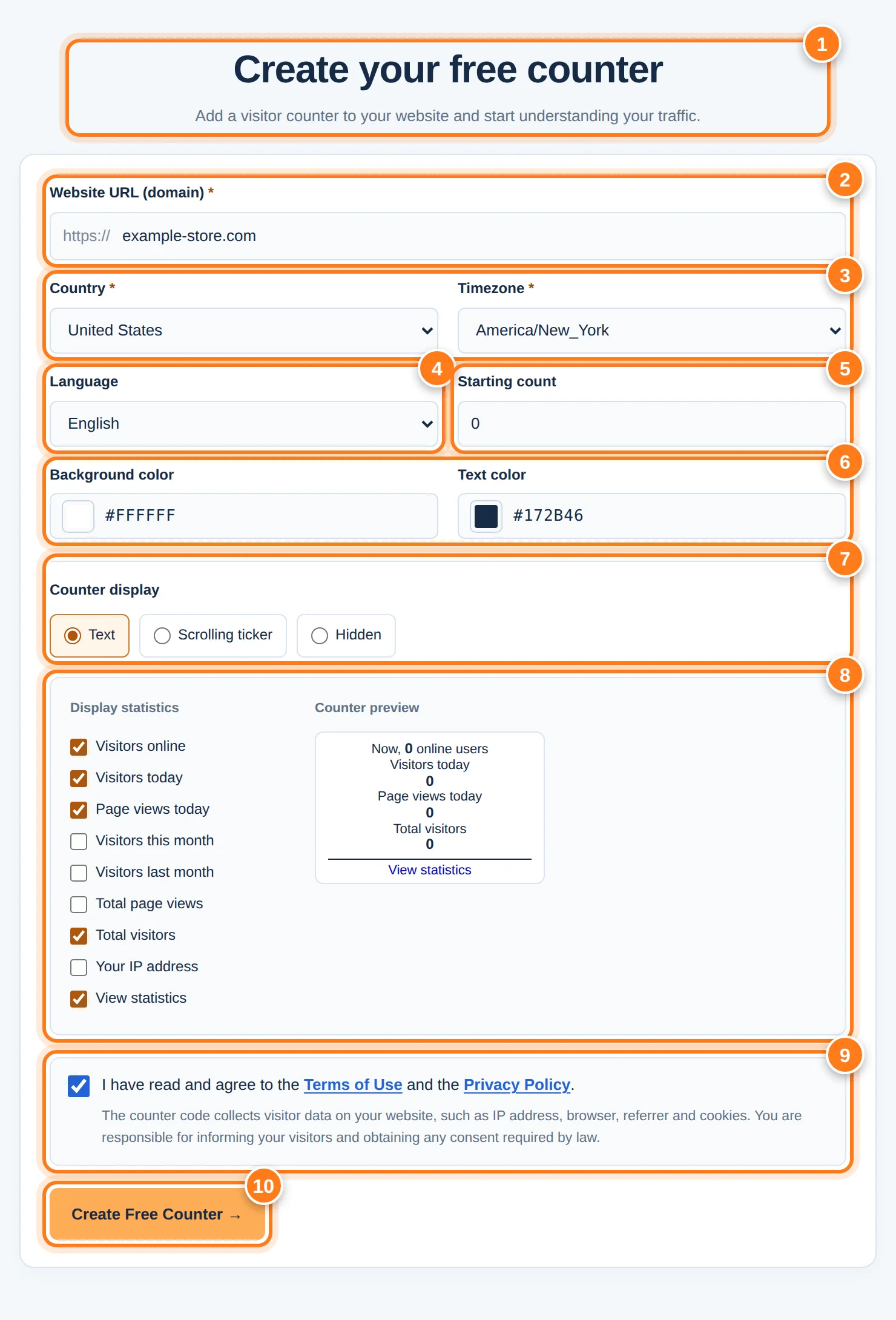 El formulario Crea tu contador gratuito con diez áreas numeradas: título, URL del sitio web, país y zona horaria, idioma, valor inicial, colores, tipo de contador, estadísticas y vista previa, condiciones y el botón Crear
