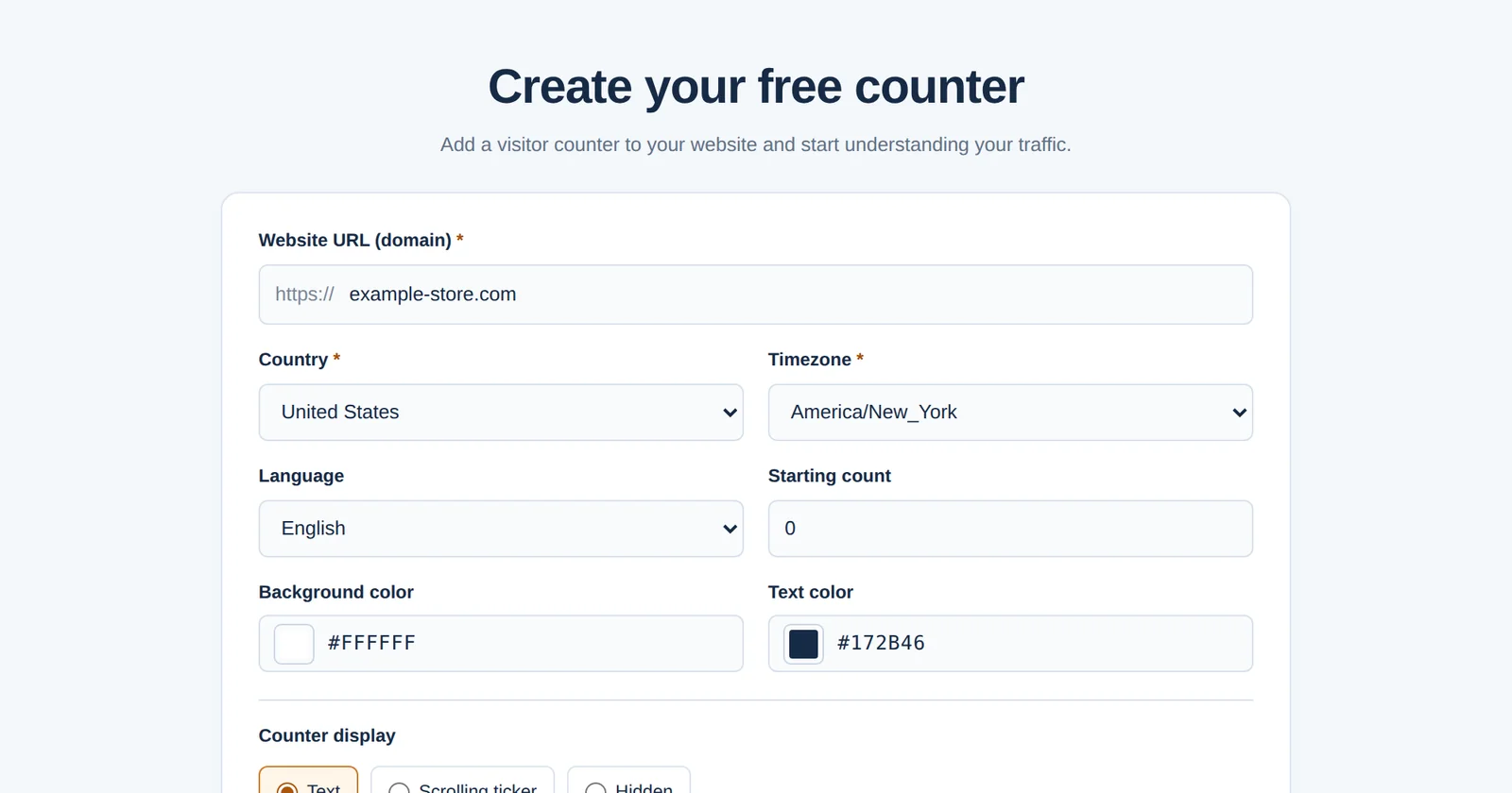 El formulario de GNRCounter para crear un contador gratuito con sitio web, país, zona horaria, idioma y tipo de contador