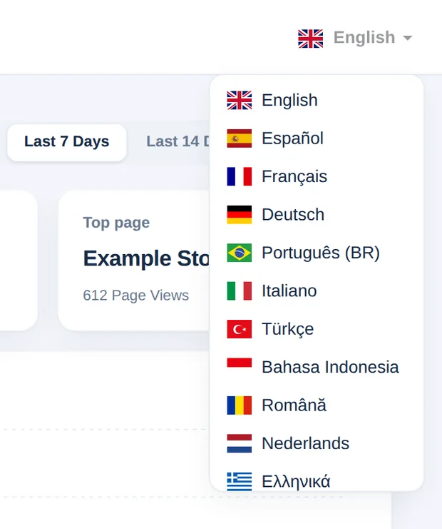 El selector de idioma abierto con la lista de idiomas y banderas