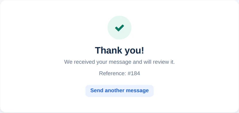El mensaje de agradecimiento tras enviar, con un número de referencia y un botón para enviar otro mensaje