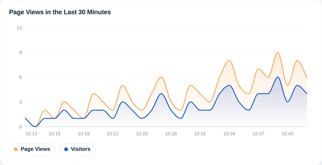 Gráfico de páginas vistas y visitantes de cada minuto de los últimos 30 minutos