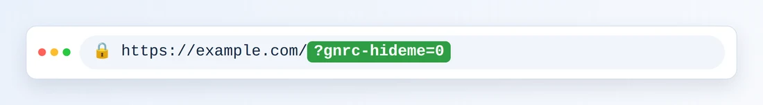 Una barra de direcciones del navegador con https://example.com/ seguida de ?gnrc-hideme=0 resaltado