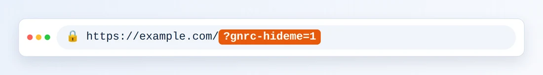 Una barra de direcciones del navegador con https://example.com/ seguida de ?gnrc-hideme=1 resaltado