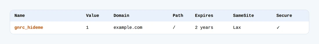 Una tabla de cookies con gnrc_hideme, valor 1, ruta /, SameSite Lax y Secure